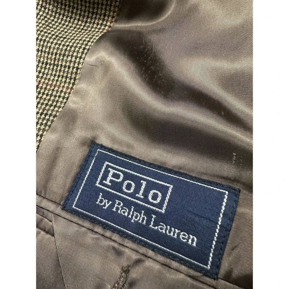 Polo Ralph Lauren Tan Orange Red Checked VTG Pure Wool Men’s Blazer Size 44R